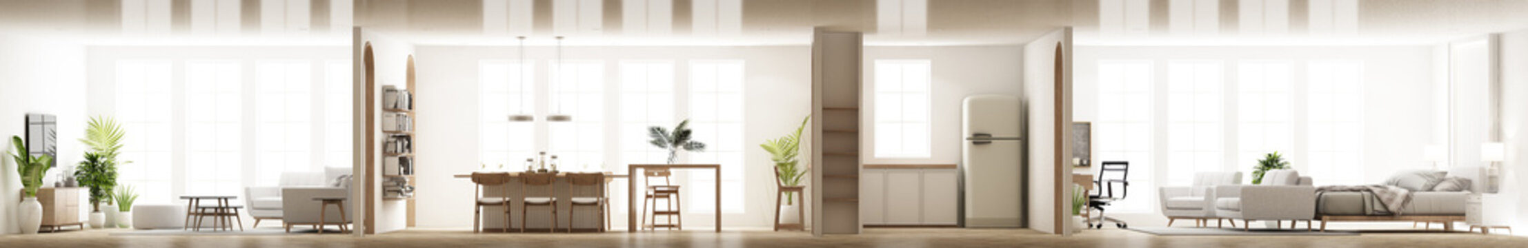 Interior in vintage minimalist style in the living dining  bedroom. using wood material and light gray cloth on parquet floor and arched walkways in an apartment with large windows 3d render panorama