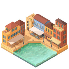 isometric waterfront of the old southern city with houses and restaurants, vector illustration