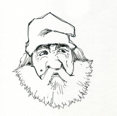 Gnome with a beard. Ink drawing. Cartoon style.