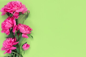 Bouquet of beautiful pink peonies on delicate paper background. Minimal concept green backdrop.
