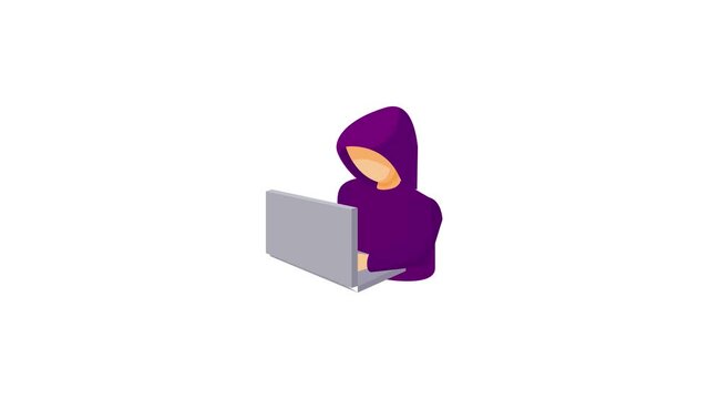 Hooded computer hacker with laptop icon animation best cartoon object on white background
