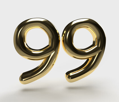 Isolated Gold Metallic Balloon, Number 99 in Golden Color on White Background. 3D illustration.