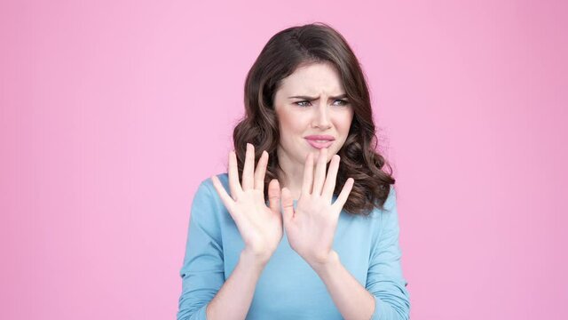 Lady not like awfull stench hand enough isolated pastel color background