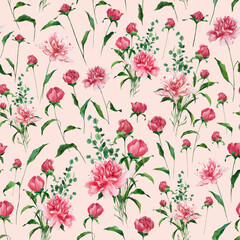 Watercolor seamless floral pattern with peonies and leaves, bouquets. Hand-drawn bright illustration perfect for fabric, home textile, wrapping paper, card, for design of Valentine's day and wedding.