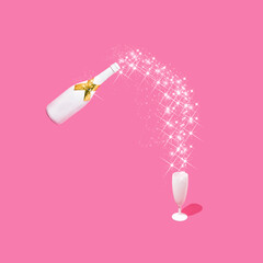 Romantic creative idea of a bottle of champagne with sequins and a glass on a pink background. The concept of modern and retro aesthetic party of the 80s or 90s. Valentine's Day celebration.