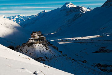 Key or Kye monastery in winters in a snow covered landscape