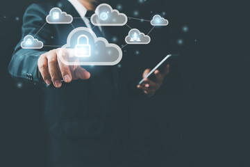 Concept Internet security and cyber network to protect data. Big data analytics and business intelligence concept, Cloud Computer technology and storage online for computer business network ideas.