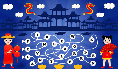 Word puzzle with cute children in chinese traditional costume and dragons, printable worksheet on blue background