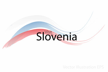 the slogan visit Slovenia with curved waves in watercolor style which are in the colors of the national flag. Vector Illustration