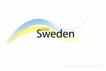 the slogan visit Sweden with curved waves in watercolor style which are in the colors of the national flag. Vector Illustration
