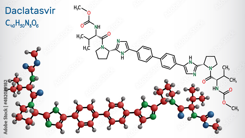 Sticker Daclatasvir drug molecule. It is direct-acting antiviral agent used to treat specific hepatitis C virus (HCV) infections. Structural chemical formula and molecule model.