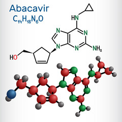 Abacavir, ABC molecule. It is antiviral nucleoside reverse transcriptase inhibitor NRTI, used for the treatment of HIV and AIDS. Structural chemical formula and molecule model