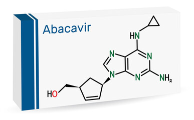 Abacavir, ABC molecule. It is antiviral nucleoside reverse transcriptase inhibitor NRTI, used for the treatment of HIV and AIDS. Skeletal chemical formula. Paper packaging for drugs