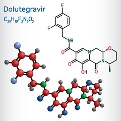Dolutegravirе molecule. It is antiviral agent used for the treatment of human immunodeficiency virus type 1, HIV-1 infections. Structural chemical formula and molecule model. Vector illustration