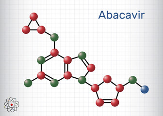Abacavir, ABC molecule. It is antiviral nucleoside reverse transcriptase inhibitor NRTI, used for the treatment of HIV and AIDS. Molecule model. Sheet of paper in a cage