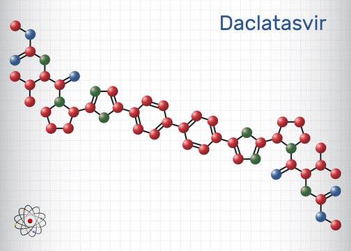 Daclatasvir drug molecule. It is direct-acting antiviral agent used to treat specific hepatitis C virus (HCV) infections. Molecule model. Sheet of paper in a cage