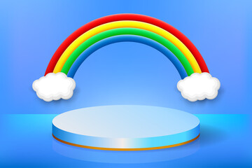 Obraz premium 3d podium stage with cloud and rainbow on blue