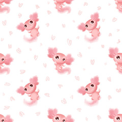 Watercolor pink axolotl character with heart for kid's design of different products like children party invitations, fabric, paper products etc. Seamless pattern