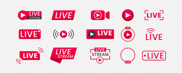 Live streaming icons on transparent background. Buttons for broadcasting, livestream or online stream. Template for tv, online channel, live breaking news, social media