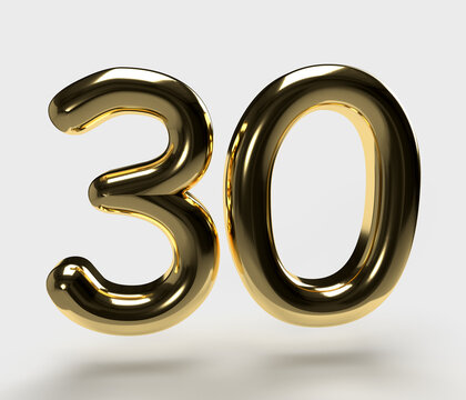 Isolated Golden Balloon, Number 30, Three Zero or Thirty in Gold Color on White Background. 3D illustration.