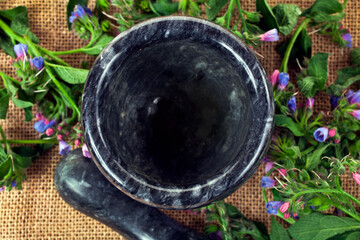 The Common Comfrey (Symphytum officinale) herbs with black stone mortar on a jute background. Top view.