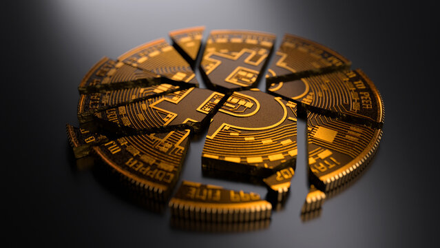 Disintegration of a BTC bitcoin token. Bitcoin distruction. The End of Bitcoin. Golden Bitcoin Disintegration. cryptocurrency crisis. Pieces of bitcoin. 3D Illustration. 