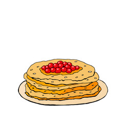 Pattern of Russian holiday Maslenitsa. Collection of traditional Russian symbol: pancakes caviar. Shrovetide icon in hand draw style. Vector.