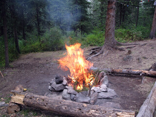 Orange flame of campfire.Siberia. Altay region, Russia