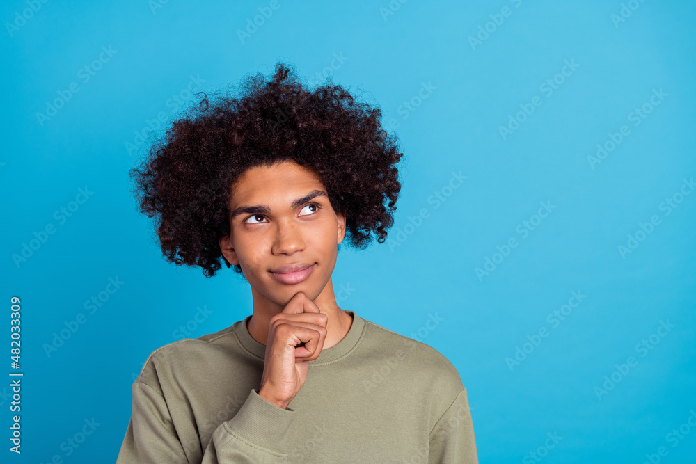 Sticker Photo of young handsome guy hand touch chin look empty space think clever minded isolated over blue color background