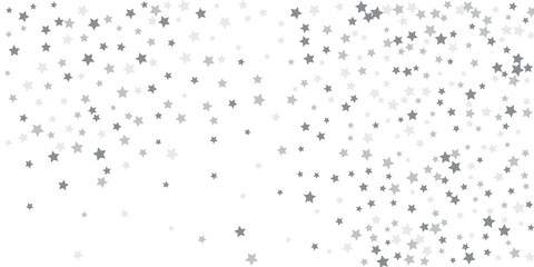 Silver star confetti. Falling stars on a white background. Illustration of flying shining stars. Decorative element. Suitable for your design, postcards, invitations, gift, vip.
