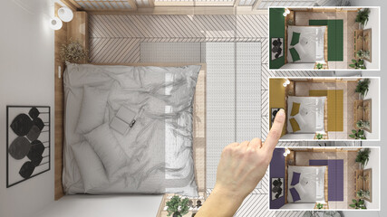 Architect designer concept, hand showing modern bedroom colors in different options, top view, above, plan, interior design project draft, color picker, material sample