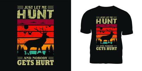 hunting t-shirt and poster vector design template. With deer skull, sniper rifle, duck vectors. Grungy deer hunt tee. For label, emblem.