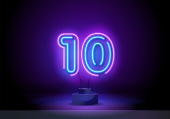 Neon blue number 10 on black background. Serial number, price, place. Number Ten symbol neon sign vector. tenth Number One template neon icon, light banner, neon signboard. Vector illustration - obrazy, fototapety, plakaty