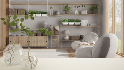 White table top or shelf with glass vase with hydroponic plant, ornament, root of plant in water, branch in vase, house plant, modern jap living room in the background, interior design