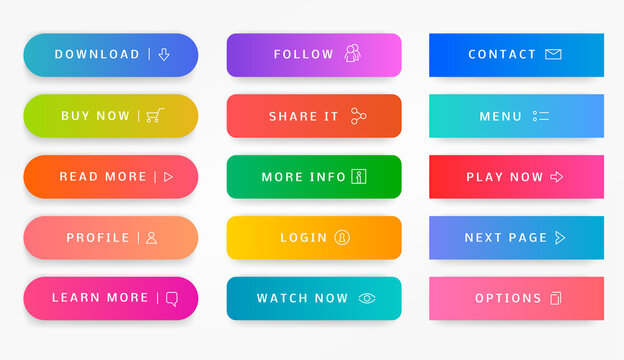 Action button. Webpage interaction element, modern app banner, call now, read more, download, upload, buy now, log in, submit. Vector buttons set