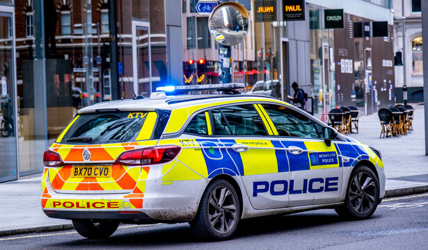 Metropolitan Police Car With Blue Light Parked Southbank London