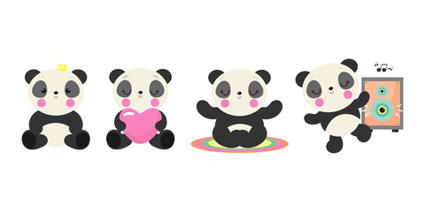 Vector set with funny panda. Illustration in cartoon style. Good for baby shower invitations, birthday cards, stickers, prints etc.