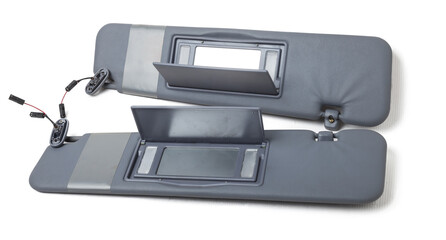 Car visor interior. Auto grey sun visor with mirror on white isolated background. Auto service...