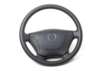 Steering wheel for car and truck isolated on white background. Automobile vehicle part or equipment. Round modern style consist of black leather and aluminum. For driver to driving control and tuning