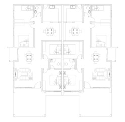 Semi-detached house layout plan in black and white 2D CAD drawing. It has 4 bedrooms 2 dining, 1 kitchen, 1 living room, and 2 bathrooms. The two houses share a central wall together.