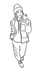 young beautiful girl takes a selfie. vector contour drawing