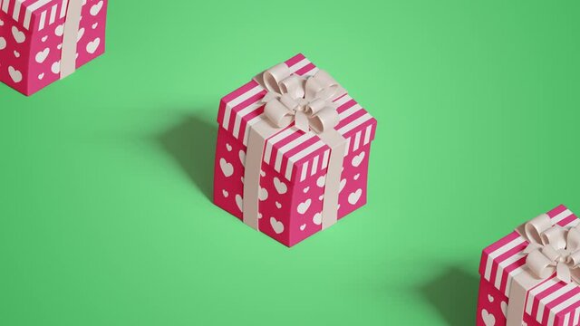 Cute jumping present boxes, paper bows dynamic animation. Bright pink, white colored gifts with heart shapes, stripes pattern, green background. Cartoon style festive video. Celebration 3D Render, 4K