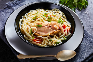chicken noodle soup with carrots and scallion