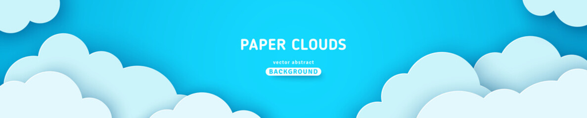 Beautiful fluffy clouds on blue sky background. Vector illustration. Paper cut style. Place for text. Summer day paperart long banner header. Spring morning cloudy concept
