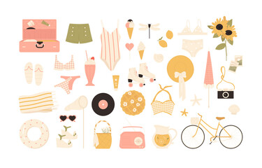 Vintage summertime. Summer stuff set. Clothing, accessories aesthetics. Vacation, travel, beach concept in 70s-80s style. Vector illustration in cartoon style. Isolated on white background.