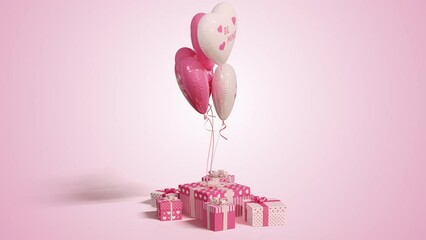 Valentine’s Day festive balloons tied to present boxes or gifts dynamic rotation. Pink, white colored heart shaped balloons with signs, pink background. Abstract romantic greeting. 3D Render, 4K clip - Powered by Adobe