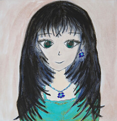 Portrait of a girl in anime style painted with oil paints on paper