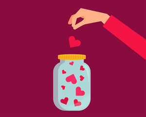 Love concept: Hand with red heart shapes in jar. Cute Cartoon vector style for your design