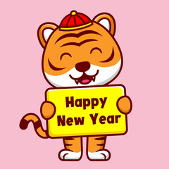 Cute Tiger Holding New Year Card Cartoon Vector Icon Illustration. Animal Character Mascot Flat Concept.