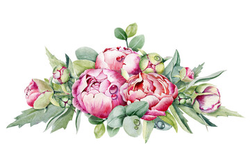 Bouquet of peonies, round floral frame, wreath. Hand drawn watercolor illustration isolated on white background. Flowers and leaves of eucalyptus for the design of postcards, congratulations